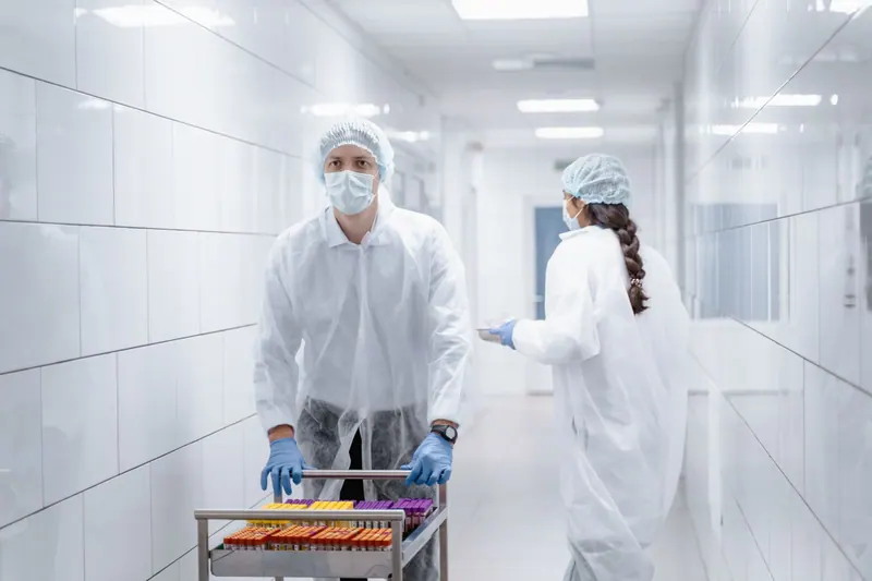 Medizinstudierende in weißen Kitteln im Klinikflur